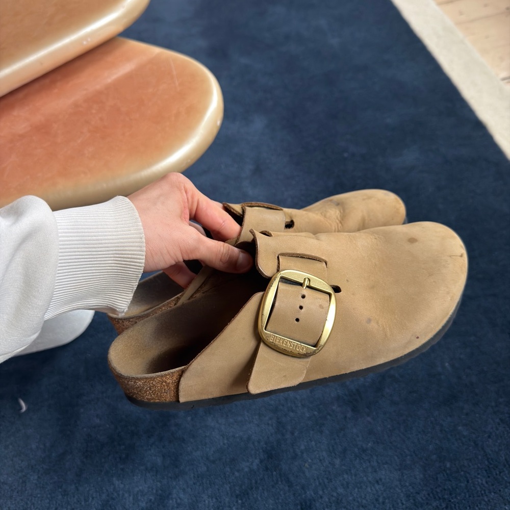 Birkenstock Tan Mules with Gold Buckle